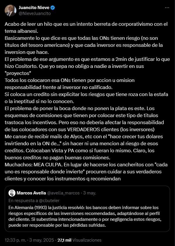 MARIANO SARDANS - 🇺🇲🇺🇾🇦🇷 (@marianosardans) on Twitter photo “Crisis financiera” expone un VALE TODO en la atención a inversores.
País: Argentina
Situación: Crisis en el mercado de Obligaciones Negociables (bonos corporativos).
Caso: el usuario <a href="/NieveJuancito/">Juancito Nieve</a> hace una descripción (ver imagen de su posteo, abajo) de lo que para él es el “Crisis financiera” expone un VALE TODO en la atención a inversores.
País: Argentina
Situación: Crisis en el mercado de Obligaciones Negociables (bonos corporativos).
Caso: el usuario <a href="/NieveJuancito/">Juancito Nieve</a> hace una descripción (ver imagen de su posteo, abajo) de lo que para él es el