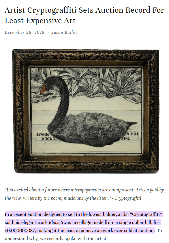 In 2018, <a href="/cryptograffiti/">cryptograffiti</a> set the record for least expensive artwork ever sold.

We're building auctions for <a href="/ump_eth/">Ump.eth</a>. <a href="/Barabazs_/">Barabazs.eth</a> is crushing the UI right now. 

I'm confident someone using our platform will smash cryptograffiti's record -- the trick is using ETH instead of BTC🤪