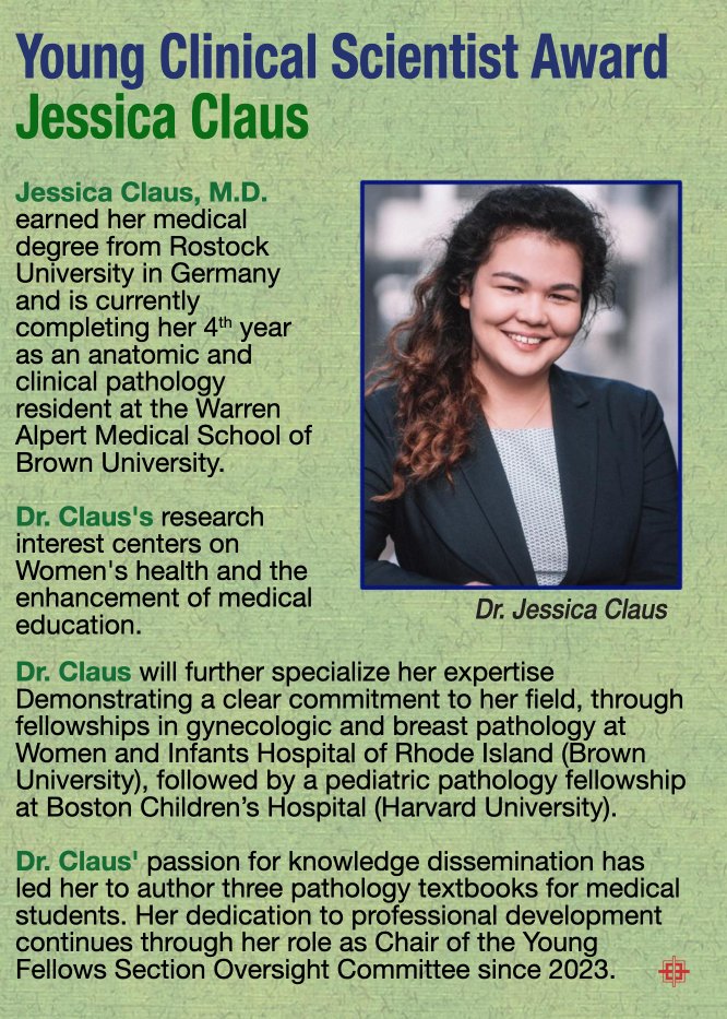 Association of Clinical Scientists (ACS) (@acs_scientists) on Twitter photo 👏 Congratulations to Dr. Jessica Claus, recipient of the 2025 Young Clinical Scientist Award! Her work in women’s health and pediatric pathology, and medical education is shaping the future of clinical science. #PathTwitter <a href="/BrownUnivHealth/">Brown University Health</a>
<a href="/BrownPathology/">Brown Pathology and Laboratory Medicine</a> 👏 Congratulations to Dr. Jessica Claus, recipient of the 2025 Young Clinical Scientist Award! Her work in women’s health and pediatric pathology, and medical education is shaping the future of clinical science. #PathTwitter <a href="/BrownUnivHealth/">Brown University Health</a>
<a href="/BrownPathology/">Brown Pathology and Laboratory Medicine</a>