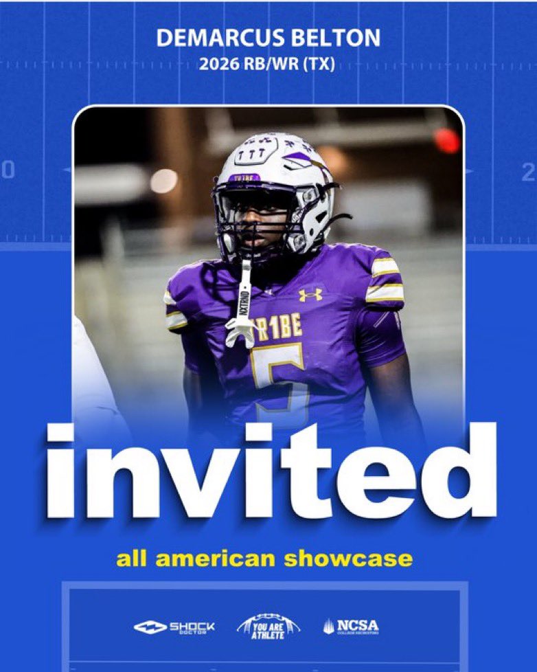 Demarcus Belton (@demarcus05b) on Twitter photo Thank you for the all American show case invite!
<a href="/youareathlete/">You Are Athlete</a> @shockdoctor <a href="/RoadToHouston/">All-American Showcase</a> Thank you for the all American show case invite!
<a href="/youareathlete/">You Are Athlete</a> @shockdoctor <a href="/RoadToHouston/">All-American Showcase</a>