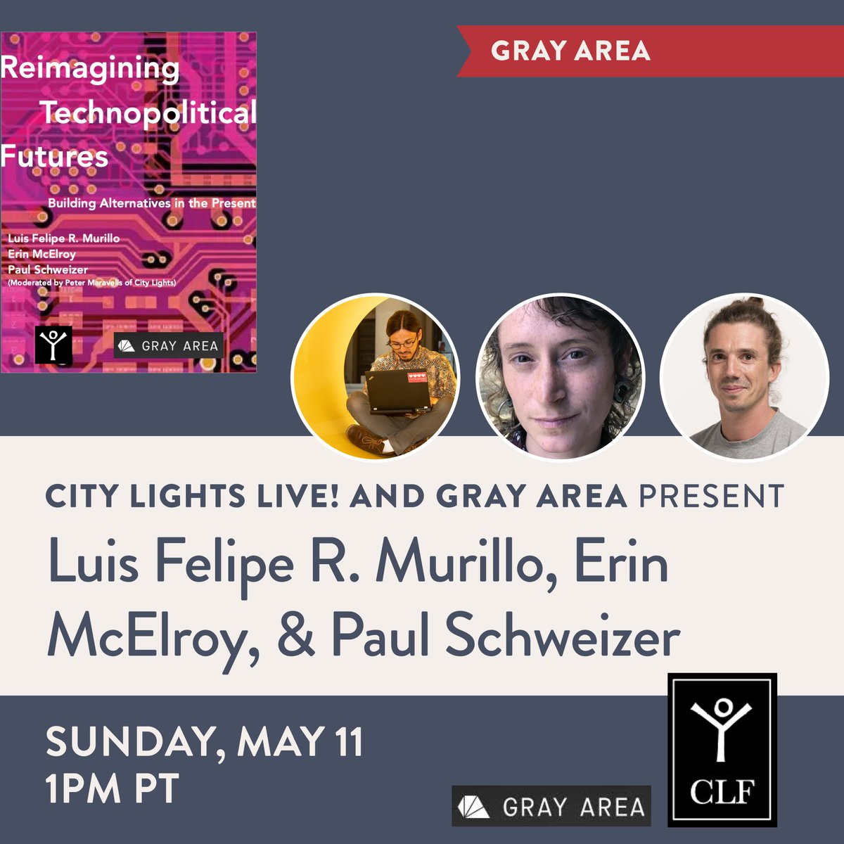 This weekend, we're thrilled to cohost a workshop with Gray Area featuring Luis Felipe R. Murillo, <a href="/erin_mc_elroy/">Erin McElroy</a>, and Paul Schweizer!

Join us at Gray Area at 1pm on Sunday!

Register here—it's free:
citylights.com/events/reimagi…