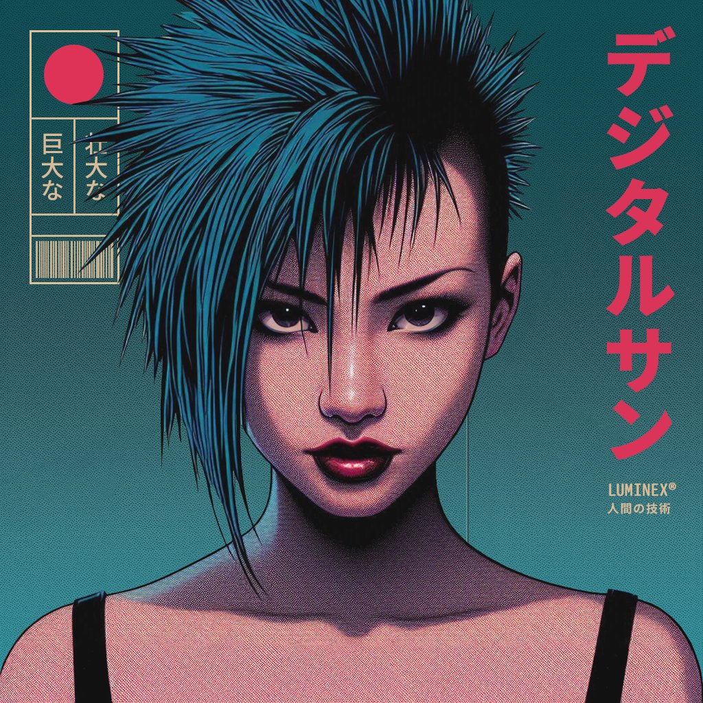 GBeastETH's tweet image. I&apos;d been waiting for the right #Mohawk to come around, and I finally found her. The teal blue of the #Digital_Sun background is a perfect complement for the blue of her hair. #Paradox @javpixel_art