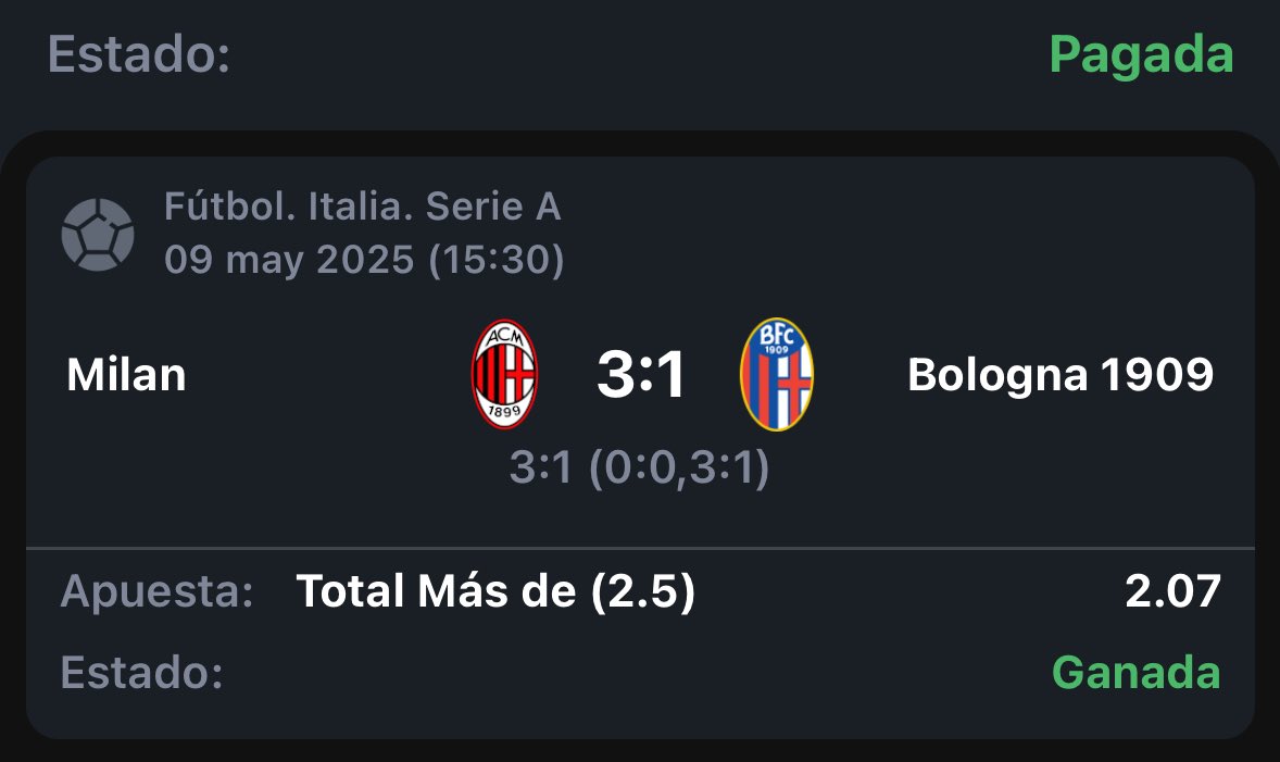 Viernes con V de verde 🤩✅

Gran lectura en Italia donde el Milán ganó 3-1 y nosotros ganamos un Stake 7  🇮🇹🤑