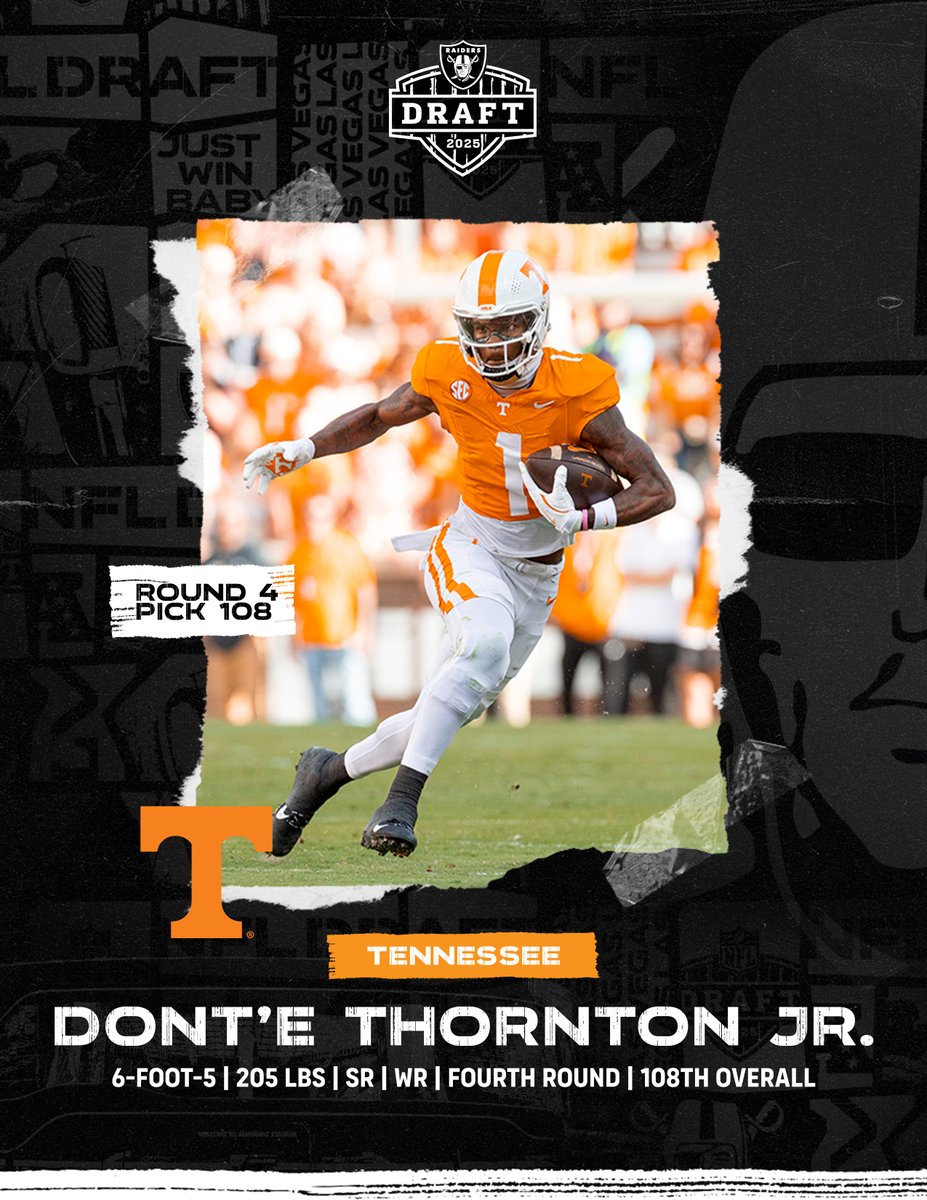RAIDERS_PR's tweet image. #RAIDERS ROSTER NEWS:
- Signed Las Vegas @Raiders 2025 fourth-round draft pick (108th overall), WR Dont'e Thornton Jr. (@IamDTJ11)
#RaiderNation