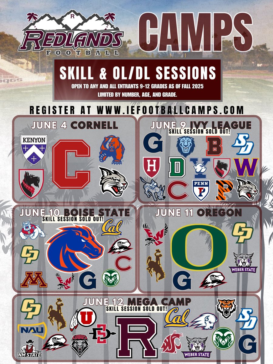 Redlands Bulldog Football (@uofr_football) on Twitter photo New schools added to the camps:
<a href="/UNMLoboFB/">New Mexico Football</a>
<a href="/weberstatefb/">Weber State Football 🏈</a>
<a href="/SUUFB_/">Southern Utah Football</a>
Get signed up at: iefootballcamps.com
Limited capacity per session.
More schools to be added soon. New schools added to the camps:
<a href="/UNMLoboFB/">New Mexico Football</a>
<a href="/weberstatefb/">Weber State Football 🏈</a>
<a href="/SUUFB_/">Southern Utah Football</a>
Get signed up at: iefootballcamps.com
Limited capacity per session.
More schools to be added soon.