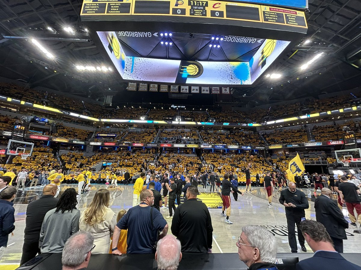 Here’s the vantage point from our <a href="/ESPNRadio/">ESPN Radio</a> broadcast location at Gainbridge Fieldhouse tonight. It’s the <a href="/cavs/">Cleveland Cavaliers</a> and the <a href="/Pacers/">Indiana Pacers</a> in game 3 of the Eastern Conference semifinals. All injured CLE players are back for this game. Join me and <a href="/KelennA7/">Kelenna Azubuike</a> for the call.