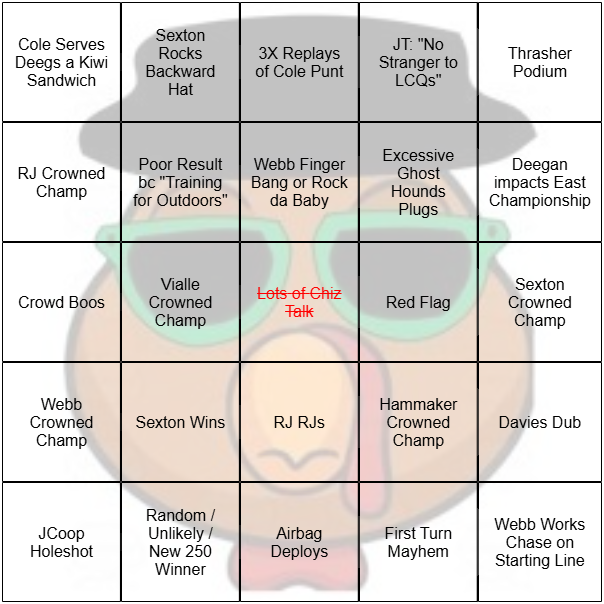 TurkeyFryerDude's tweet photo. SX Round 17 Bingo Card is up. So many clever suggestions. You guys are crazy. Love it! #SupercrossLIVE #Round17 #SaltLakeCity https://t.co/KNeNS6HOgF