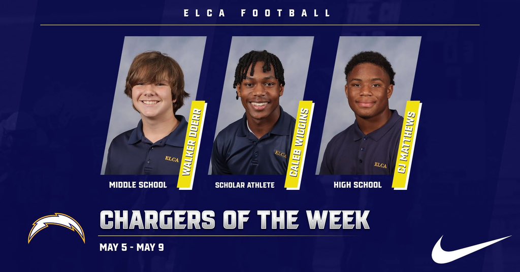 ELCA FOOTBALL (@elcafootball) on Twitter photo ๐๐๐๐๐๐๐๐ ๐๐
๐๐๐ ๐๐๐๐
๐ ๐ถ๐ฑ๐ฑ๐น๐ฒ ๐ฆ๐ฐ๐ต๐ผ๐ผ๐น: Walker Doerr
๐ฆ๐ฐ๐ต๐ผ๐น๐ฎ๐ฟ: Caleb Wiggins <a href="/CalebWiggins184/">Caleb Wiggins โ</a>
๐๐ถ๐ด๐ต ๐ฆ๐ฐ๐ต๐ผ๐ผ๐น: CJ Matthews <a href="/cjmatthews07/">Chris Matthews, ll</a> ๐๐๐๐๐๐๐๐ ๐๐
๐๐๐ ๐๐๐๐
๐ ๐ถ๐ฑ๐ฑ๐น๐ฒ ๐ฆ๐ฐ๐ต๐ผ๐ผ๐น: Walker Doerr
๐ฆ๐ฐ๐ต๐ผ๐น๐ฎ๐ฟ: Caleb Wiggins <a href="/CalebWiggins184/">Caleb Wiggins โ</a>
๐๐ถ๐ด๐ต ๐ฆ๐ฐ๐ต๐ผ๐ผ๐น: CJ Matthews <a href="/cjmatthews07/">Chris Matthews, ll</a>