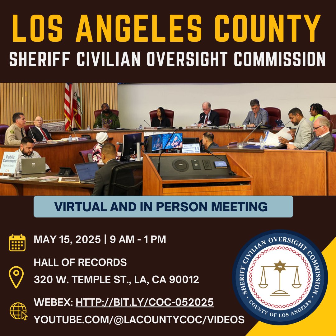 Join us at our May 15th meeting to hear the Inspector General’s report on the number of deputies investigated, disciplined, and affected under the Sheriff's Dept.'s (LASD)'s deputy gangs policy since late 2024.  

AGENDA: file.lacounty.gov/SDSInter/bos/s…