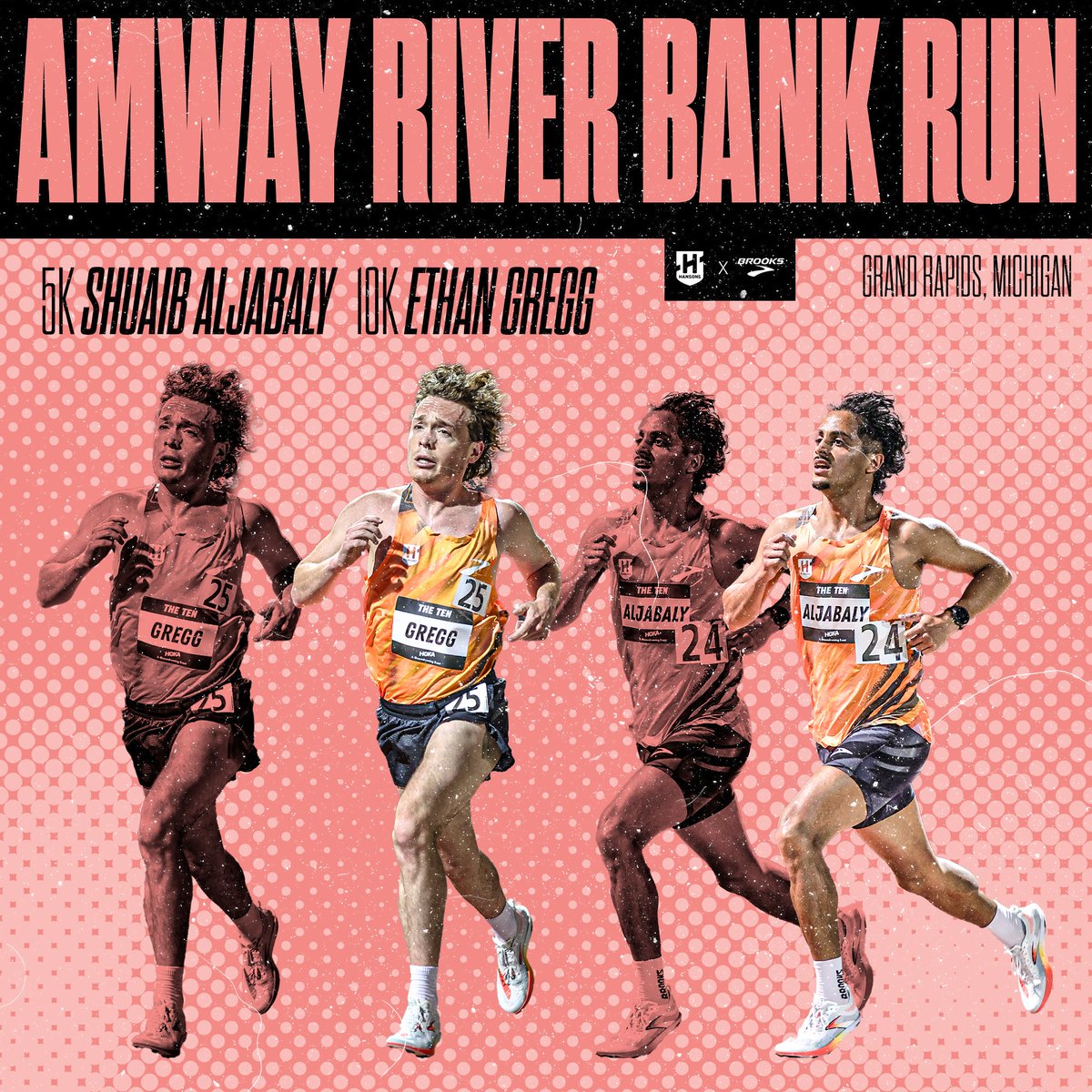 Shuaib Aljabaly will race the 5K and Ethan Gregg will race the 10K at Amway River Bank Run in Grand Rapids, Michigan Saturday morning.
Graphic:  Aaron Greb