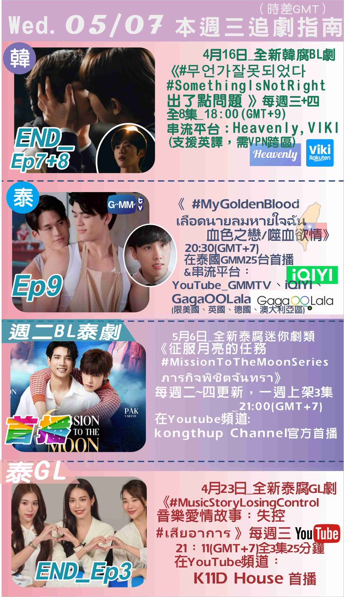 sheep_cs's tweet photo. 🏳️🌈05/07 Wed. BL&GL dramas
🇹🇭 #MissionToTheMoonEP1~3
week 3ep.
_21:00(GMT+7)
OTT:Youtube_ @Kongthuppdc
🇹🇭 #MyGoldenBloodEP9
OTT:YouTube_ @GMMTV ,iQIYI,GagaOOLala
@MyGoldenBloodTH
🇰🇷
#SomethingIsNotRightEP7+8
OTT:Heavenly,VIKI
GL🇹🇭 #LosingControlEp3
OTT:YouTube_ @k11d_house https://t.co/quYXptFQxm