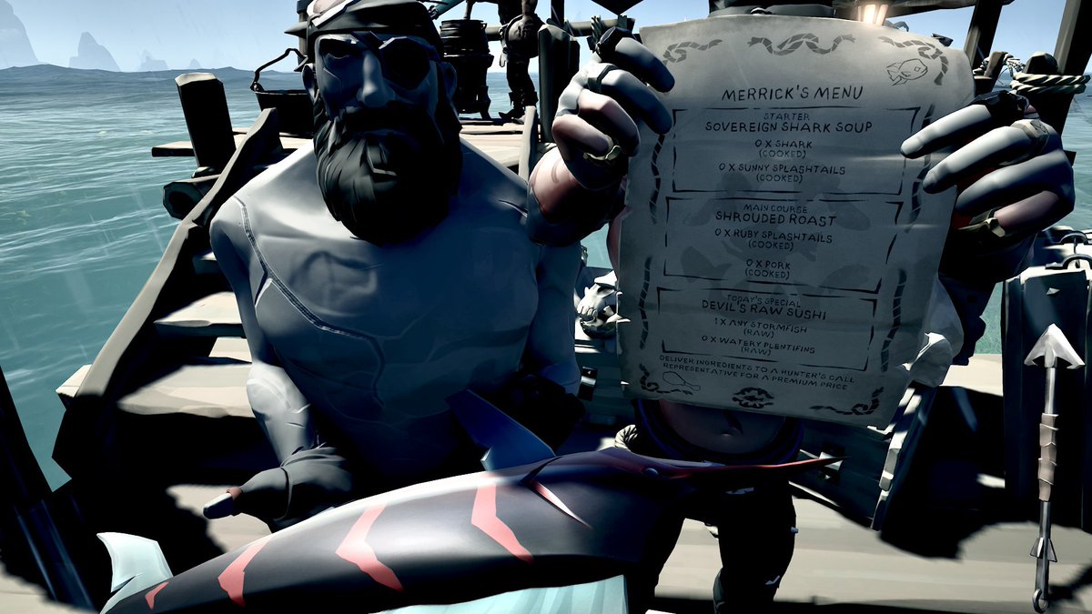 WHTGRRL's tweet photo. Just got $1,518.750 “trophy shadow storm fish”  Devils Raw Sushi @SeaOfThieves  #MerricksMenu https://t.co/XGl2q5ksnO