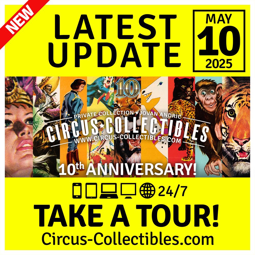 circuscollect's tweet photo. May 10, 2025 - 
https://t.co/6TcplWuVNM has been updated with posters, programs and tickets &amp; flyers. Take a tour &amp; discover latest additions to the collection! 

#circuscollectibles #circusposters #circus #circo #цирк #cirkus #circushistory #circusmemorabilia https://t.co/ufIHrKAO4d