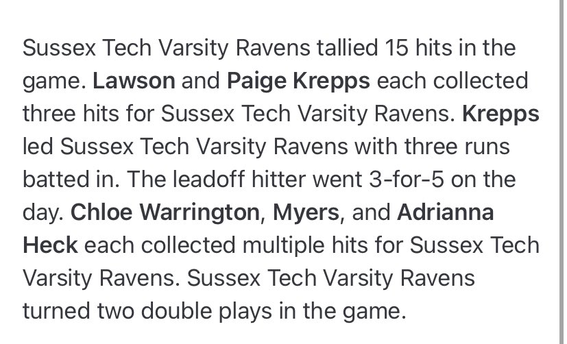 PaigeKrepps00 (@pkrepps00) on Twitter photo Went 3-5 today with a big 9-0 win!! Drove in 3 runs and scored 2 myself!
<a href="/CoastRecruits/">Coast 2 Coast Recruits</a> <a href="/ExtraInningSB/">EXTRA INNING SOFTBALL</a> <a href="/IHartFastpitch/">I❤️Fastpitch</a> <a href="/TopPreps/">SPORTS NEWS, VIDEOS, GRAPHICS, EXPOSURE & MORE</a> <a href="/DESPORTSBLITZ/">Delaware Sports Blitz</a> Went 3-5 today with a big 9-0 win!! Drove in 3 runs and scored 2 myself!
<a href="/CoastRecruits/">Coast 2 Coast Recruits</a> <a href="/ExtraInningSB/">EXTRA INNING SOFTBALL</a> <a href="/IHartFastpitch/">I❤️Fastpitch</a> <a href="/TopPreps/">SPORTS NEWS, VIDEOS, GRAPHICS, EXPOSURE & MORE</a> <a href="/DESPORTSBLITZ/">Delaware Sports Blitz</a>