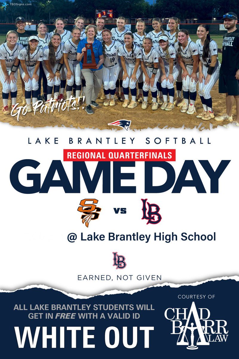 Lake Brantley Softball (@lakebrantleysb) on Twitter photo Until tomorrow! Students get in FREE w/ valid ID, thanks to <a href="/AttyChadBarr/">Chad Barr Law</a>! Wear white & pack the stands! #GoPatriots #EarnedNotGiven <a href="/LakeBrantleyAD/">Eric Entrekin</a>
📅 TOMORROW | May 10
🏆 Regional Quarterfinal
🆚 Seminole
🕖 9:30AM
📍 Brantley South Softball Complex
🎟 gofan.co/event/3593529 Until tomorrow! Students get in FREE w/ valid ID, thanks to <a href="/AttyChadBarr/">Chad Barr Law</a>! Wear white & pack the stands! #GoPatriots #EarnedNotGiven <a href="/LakeBrantleyAD/">Eric Entrekin</a>
📅 TOMORROW | May 10
🏆 Regional Quarterfinal
🆚 Seminole
🕖 9:30AM
📍 Brantley South Softball Complex
🎟 gofan.co/event/3593529