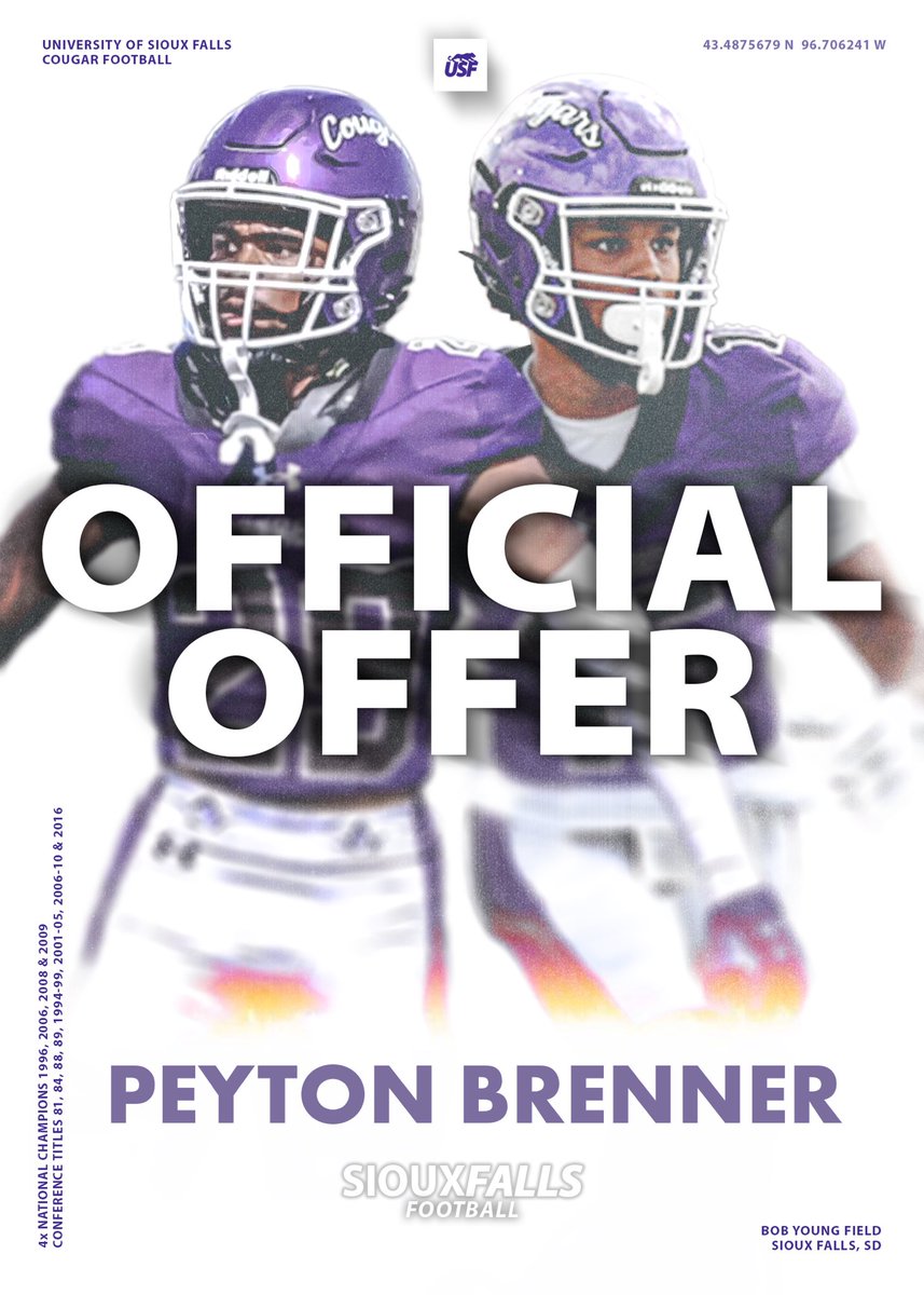 Peyton Brenner (6’3 275lbs ‘26) (@peyton__brenner) on Twitter photo Bless to receive my first Division 2 offer from the University of Sioux Falls and Coach Capitani <a href="/CoachCapUSF/">Spencer Capitani</a>, go Cougars!! Bless to receive my first Division 2 offer from the University of Sioux Falls and Coach Capitani <a href="/CoachCapUSF/">Spencer Capitani</a>, go Cougars!!