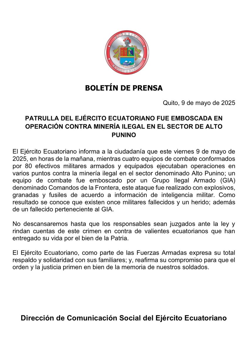 El Ejército Ecuatoriano informa. 

#EjércitoECU