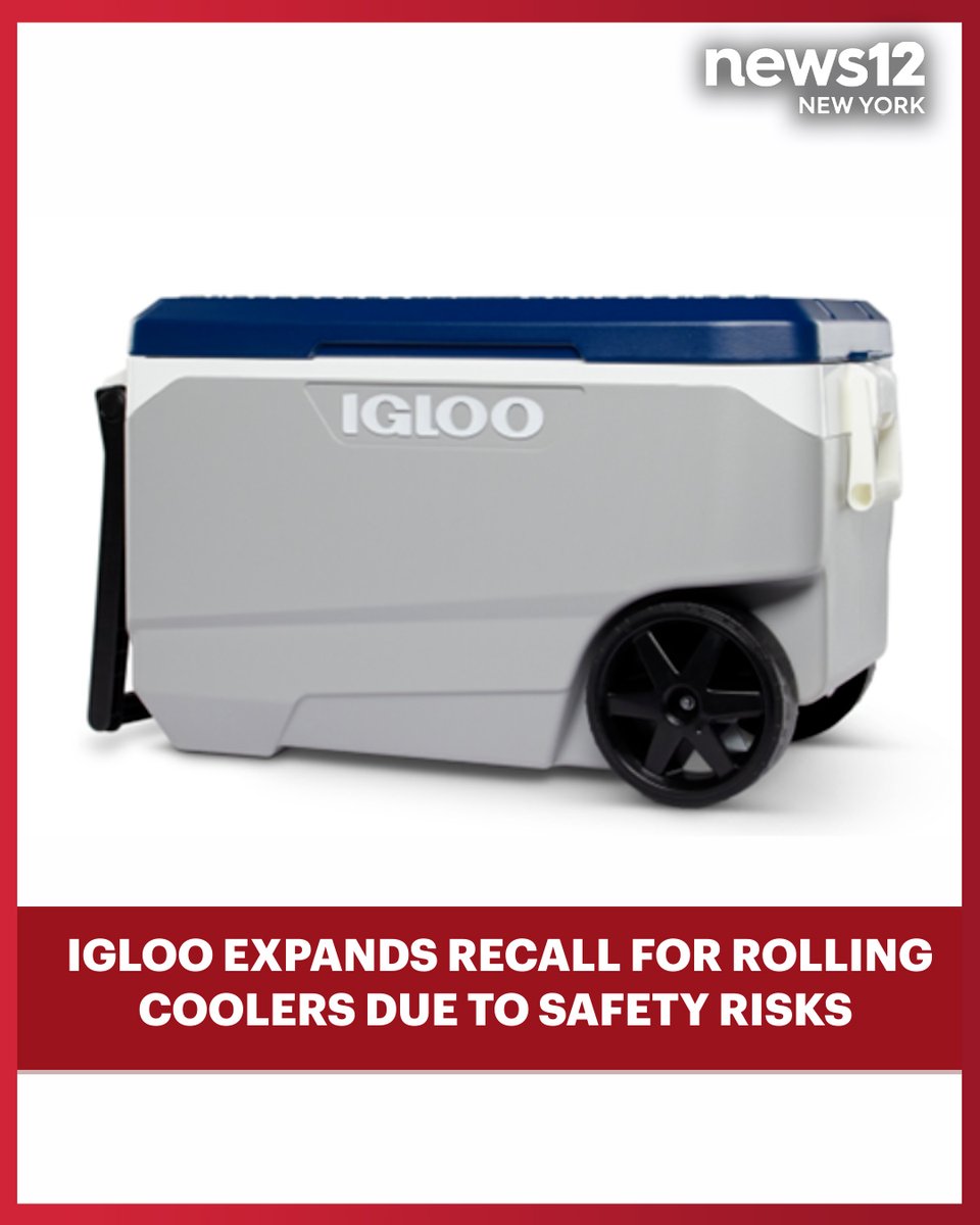 RECALL ALERT: Igloo expands recall of rolling coolers due to fingertip amputation, fracture hazards. 

#News12 #Igloo #Recall #NewYork #LongIsland #Bronx #Brooklyn #Connecticut #NewJersey #LocalNews #News
bit.ly/4iSWjYj