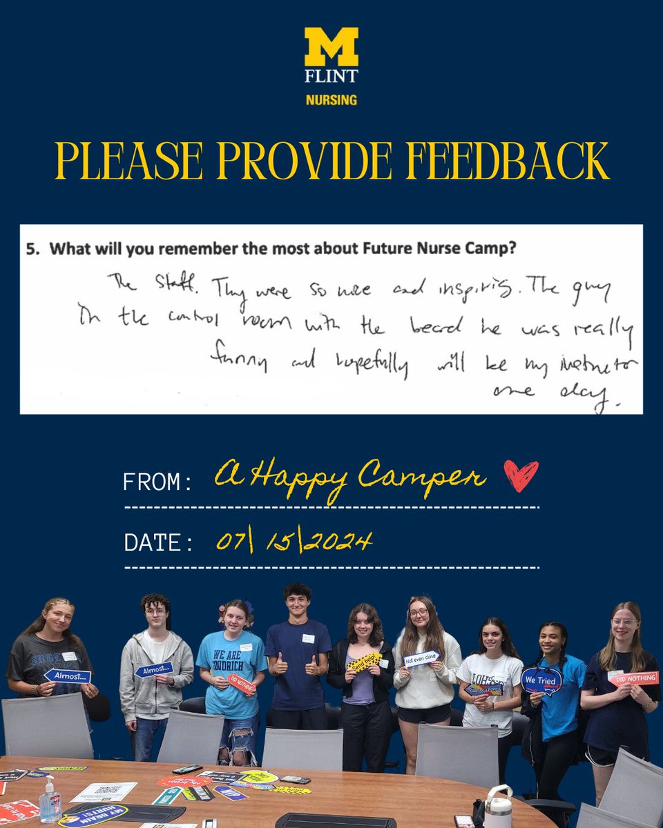 UMFlintNursing's tweet photo. ❓QUESTION: "What will you remember the most about the Future Nurse Camp?"

✅ ANSWER: "The staff...they were so nice and inspiring. The guy in the control room with the beard was really funny and hopefully will be my instructor one day." 

 https://t.co/wDYeUMMj4O https://t.co/nn7t5t30jg