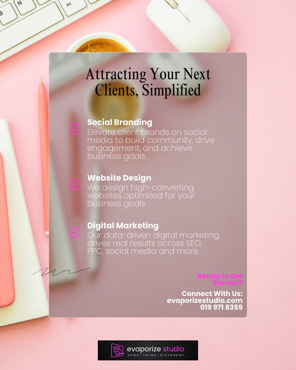 EvaporizeStudio's tweet photo. Client attraction feeling complex? Evaporize Studio simplifies it with expert website design, social media management (including visuals!), and strategic branding. Let's make it easy. #marketingmadeeasy
https://t.co/V4Eq47xZkh https://t.co/20y01TxgBq