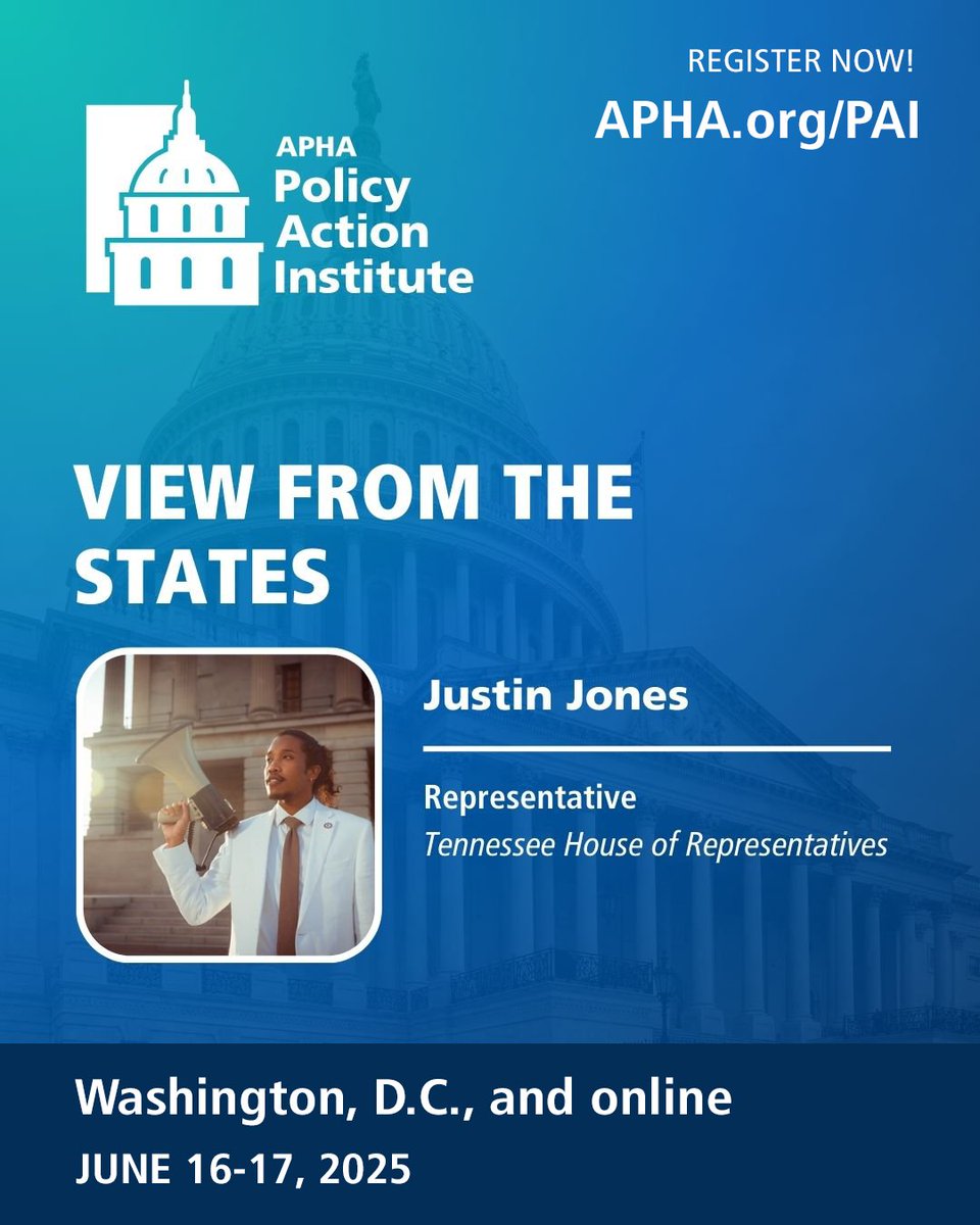 The stakes for public health have never been higher. Get on-the-ground insights from trailblazers Reps. Justin Jones &amp; Kimberly Moser on making inroads on health policy at APHA’s #PolicyActionInstitute. Join us June 16-17! apha.org/pai #SpeakForHealth