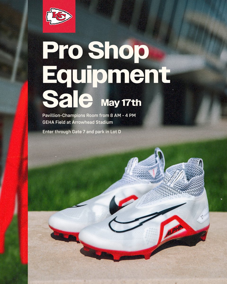 GEHA Field at Arrowhead Stadium (@gehafield) on Twitter photo The Pro Shop Equipment Sale is your opportunity to shop stadium signage and player-worn equipment like cleats, t-shirts, sweatshirts, footballs, and more. 
We'll see you on May 17th, Chiefs Kingdom! The Pro Shop Equipment Sale is your opportunity to shop stadium signage and player-worn equipment like cleats, t-shirts, sweatshirts, footballs, and more. 
We'll see you on May 17th, Chiefs Kingdom!