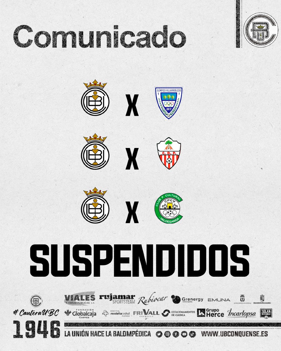 📢 #CanteraUBC❗

Desde la U.B. Conquense queremos informar que todos los encuentros programados para mañana en Cuenca quedan suspendidos. Esto se debe al cierre de las instalaciones deportivas al aire libre por la previsión de fuertes tormentas en la ciudad.

 #CanteraUBC