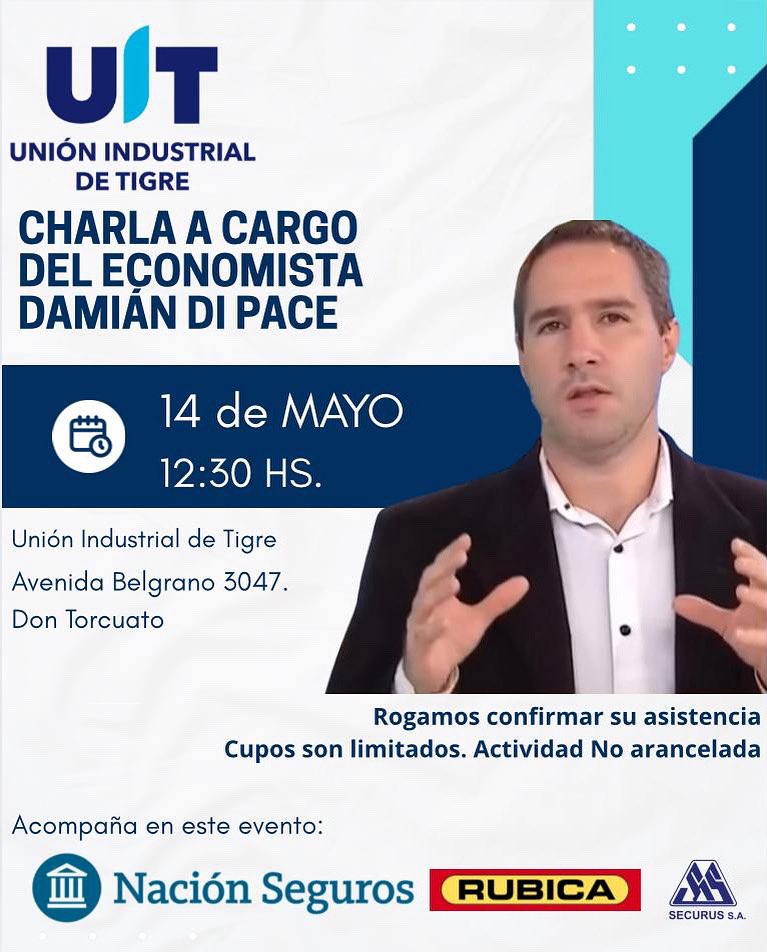 Estimados:

Tenemos el agrado de invitarlos a una Recepción y Charla exclusiva a cargo del reconocido *Economista Damián Di Pace* .

*Rogamos confirmar su asistencia a la brevedad debido a que los cupos son limitados. Actividad No arancelada.*

 docs.google.com/forms/d/1SMYZz…