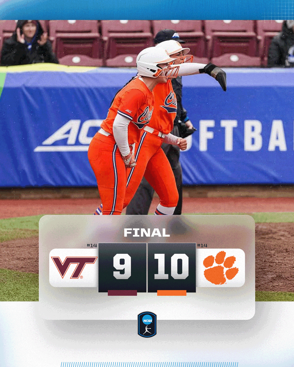 NCAA Softball (@ncaasoftball) on Twitter photo CLEMSON COMEBACK 🐅
No. 14 <a href="/clemsonsoftball/">Clemson Softball 🥎</a> defeats No. 14 Virginia Tech, 10-9!
#NCAASoftball CLEMSON COMEBACK 🐅
No. 14 <a href="/clemsonsoftball/">Clemson Softball 🥎</a> defeats No. 14 Virginia Tech, 10-9!
#NCAASoftball