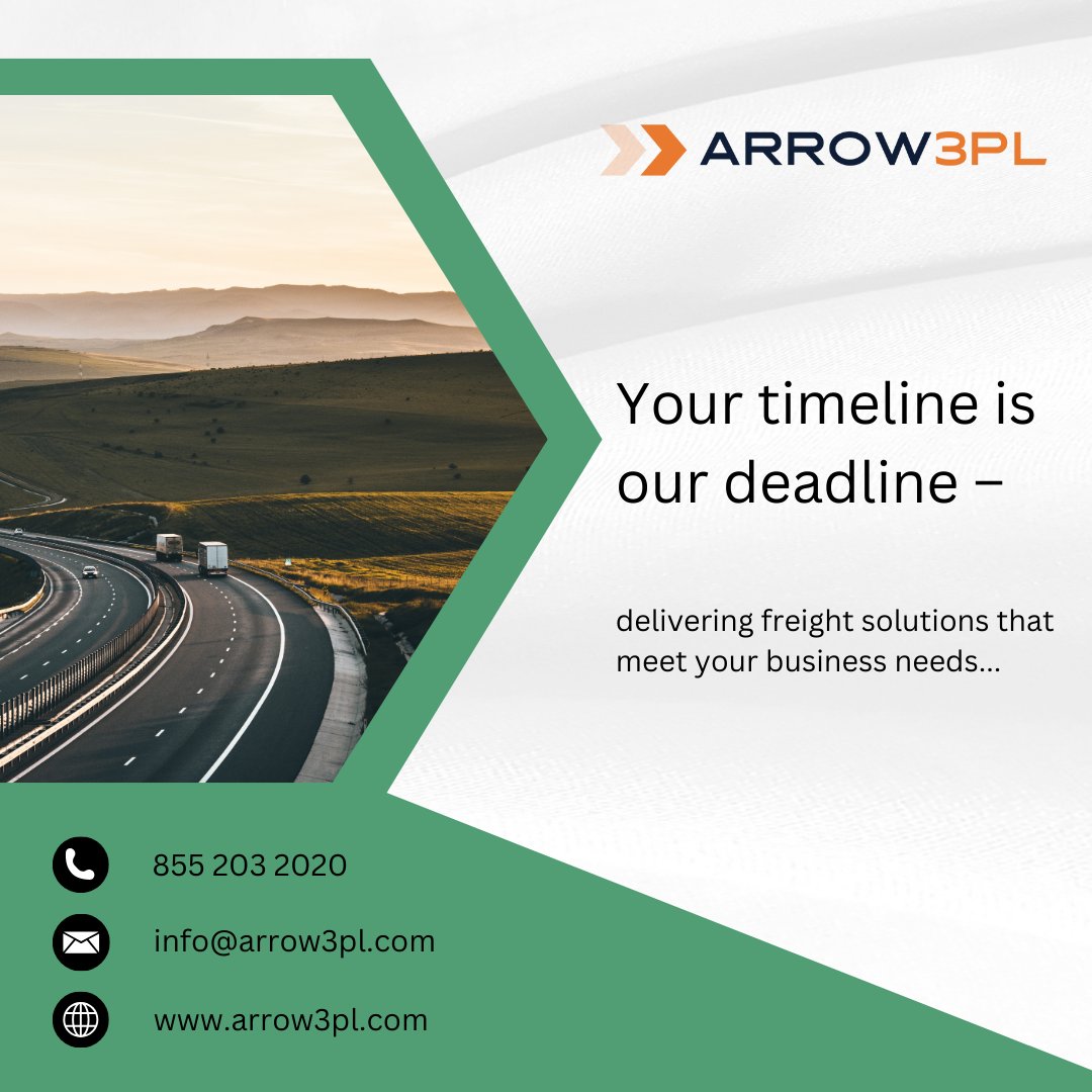 arrow3pl's tweet image. 🚚 On time, every time.
 Your timeline is our deadline.
#FreightDoneRight #LogisticsThatDeliver #OnTimeAlways #arrow3pl