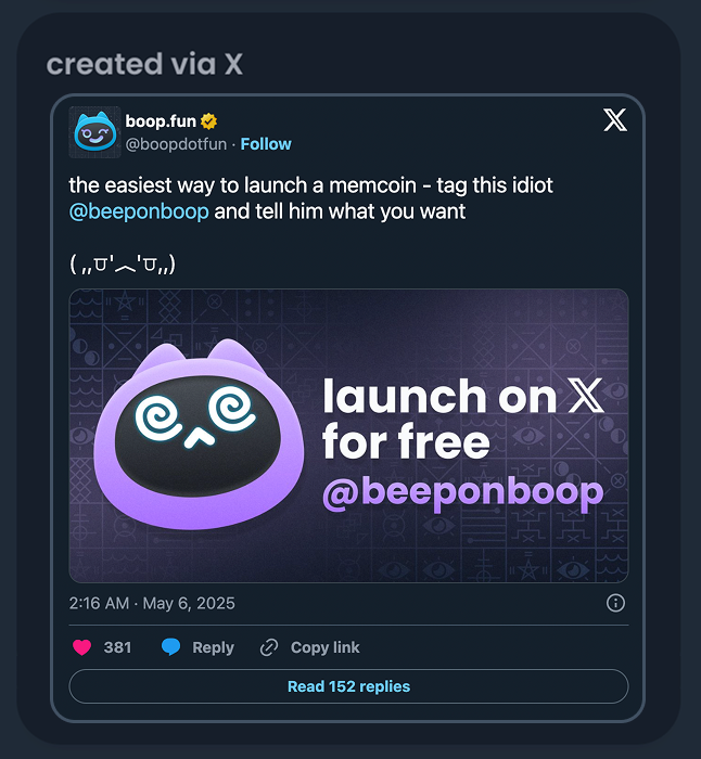 boopdotfun's tweet photo. smol update

u can now see the creation tweet on the coin page if it was launched by tagging that idiot @beeponboop 

ヾ(￣ー￣(≧ω≦*)ゝ https://t.co/VHqplOqpHe