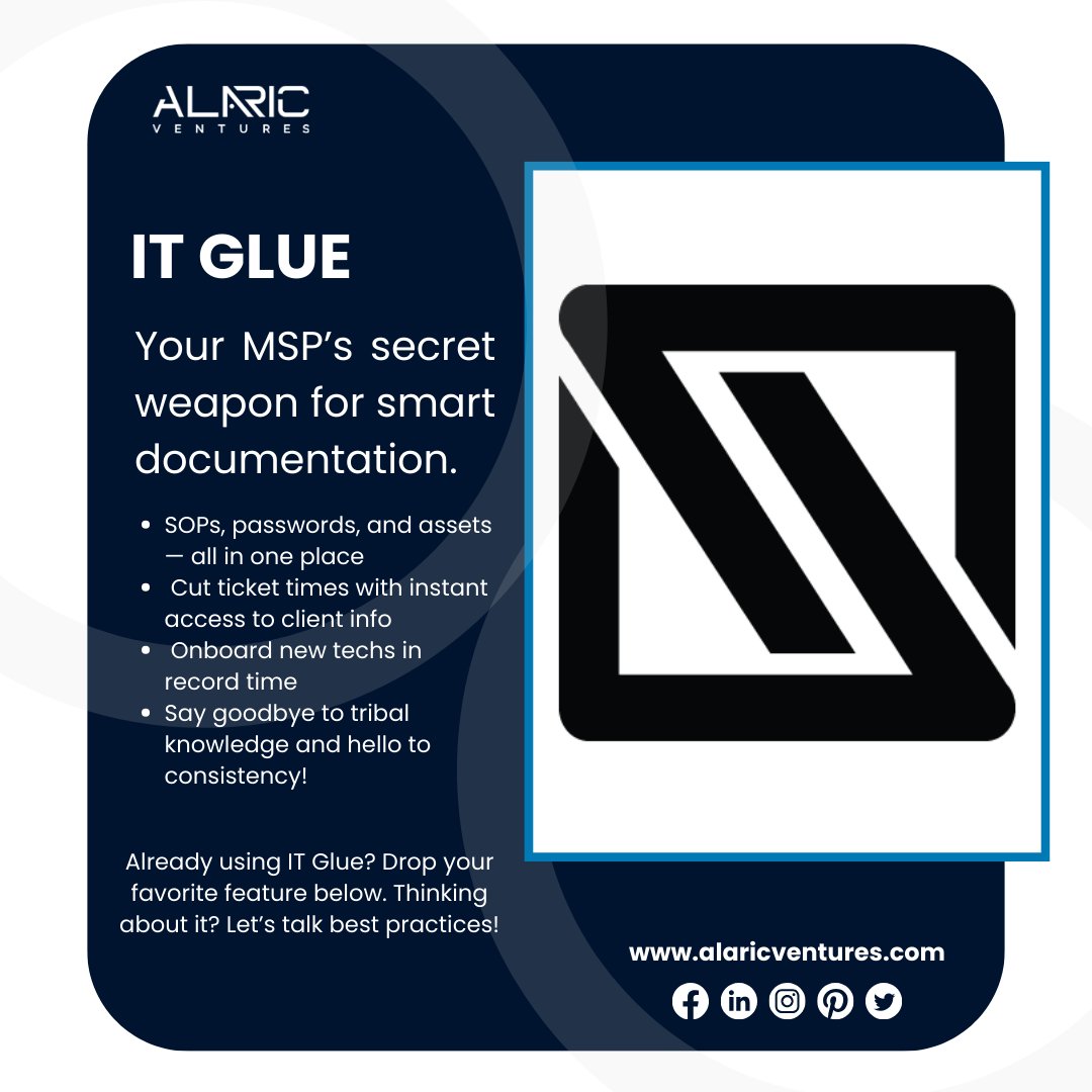 AlaricLtd's tweet image. Say goodbye to tribal knowledge and hello to consistency!

Already using IT Glue? Drop your favorite feature below. Thinking about it? Let’s talk best practices!

alaricventures.com

#ITGlue #MSPTools #SmartDocumentation #TechEfficiency #ITSupport #ProcessDriven #RMM #PSA