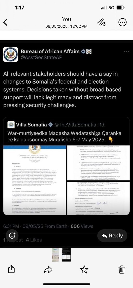 afyare_elmi's tweet photo. “Hadalkana sar weedhiisa, 
Una saaf qofkii waaya.” 
Waa tuducyo ku jiray maansadii sirta nolosha ee Hadraawi (Allaha u naxariisto). 

Diblomaadiyadduna waa intan oo marka hore sarbeeb iyo hadallo iyo calaamado muujinaya farriimaha la gudbinayo ayaa la diraa. Haddii la fahmi waayo ama la is-illowsiiyo, far waaweyn baa lagu qoraa, cod dheerna waa lagu sheegaa. 

Tani waa waxa maanta horyaal Madaxweyne @HassanSMohamud iyo Ra’iisul-wasaare @HamzaAbdiBarre. Marar badan baa si dedan oo asluubeysan loogu yiri habka hoggaamintiinna baddala. 

Malaha madaxdeennu ma aysan famin ama way is-moogeysiiyeen farriimaha diblomaasiyiinta shisheeye dirayeen iyo digniinaha ka imanayey waxgaradka Soomaaliyeed. 

Sida aan ka barannay sooyaalka dowlad-dhiskeenna farriinta Mareykanka ee halkan ku lifaaqan waxay hordhac u tahay kuwa kale oo far waaweyn ku qoran. 

Madaxweyne halkaa ku jooji oo baddal hannaankii ku dhisna “aniga iyo kooxdeyda ayaa guuleysannay oo wax walba leh, cidnana u joojin meyno.” Waa talo.
