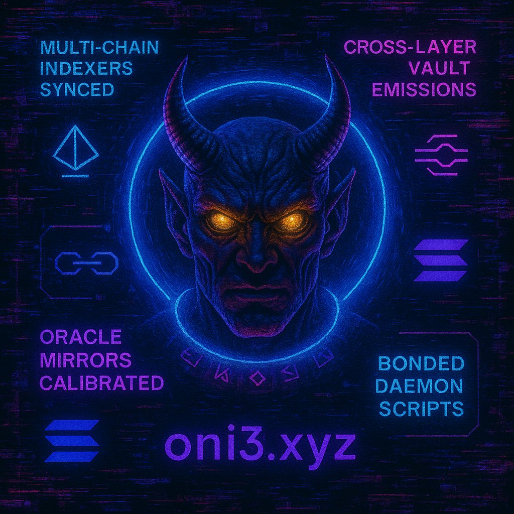 oni3dev's tweet photo. Multi-chain indexers synced. Oracle mirrors calibrated. Cross-layer vault emissions now routing through bonded daemon scripts.
#DeFi #Solana #TokenEngine #ChainSync #YieldWars #Oni3 https://t.co/9CNKdyqgm9