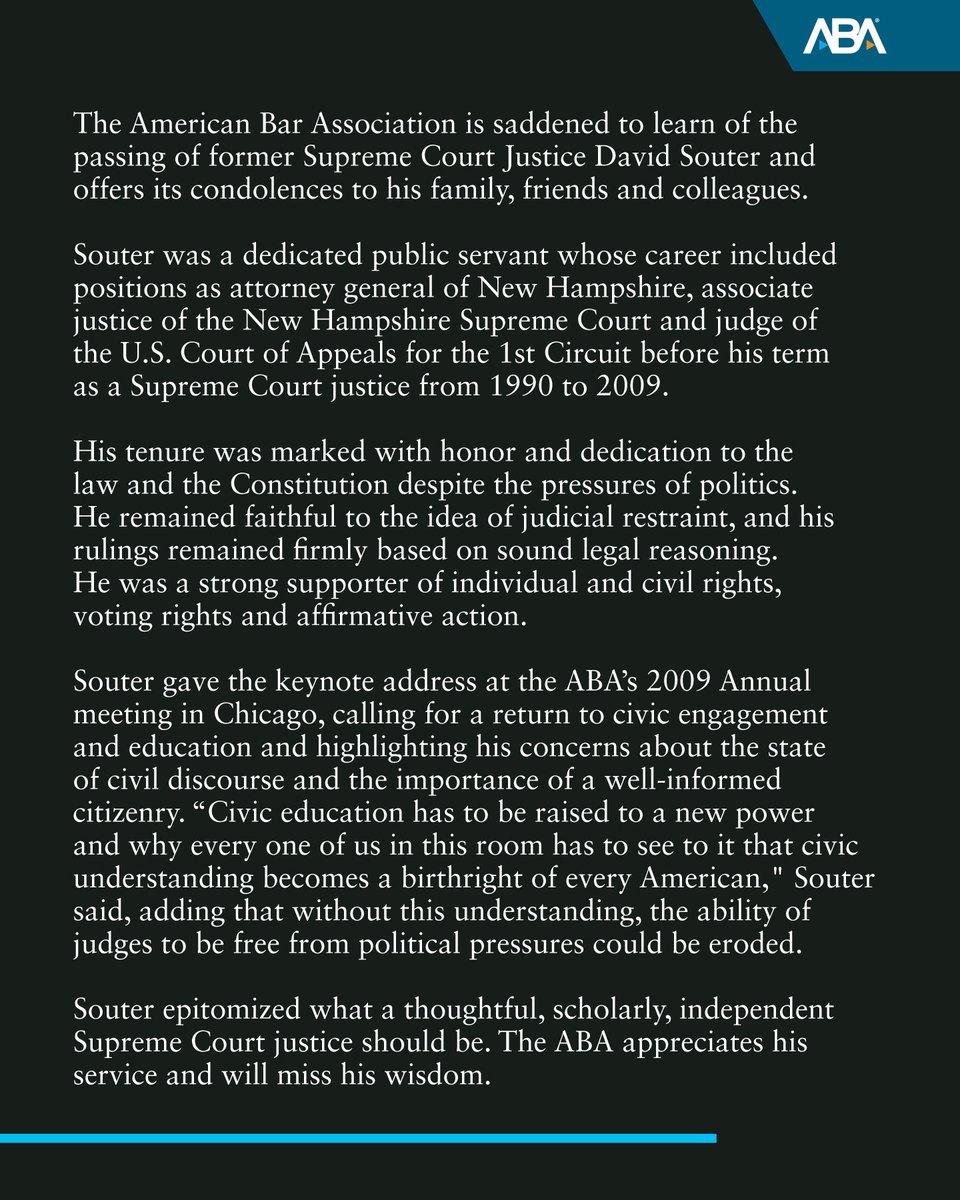 ABA statement on the death of former Supreme Court Justice David Souter.