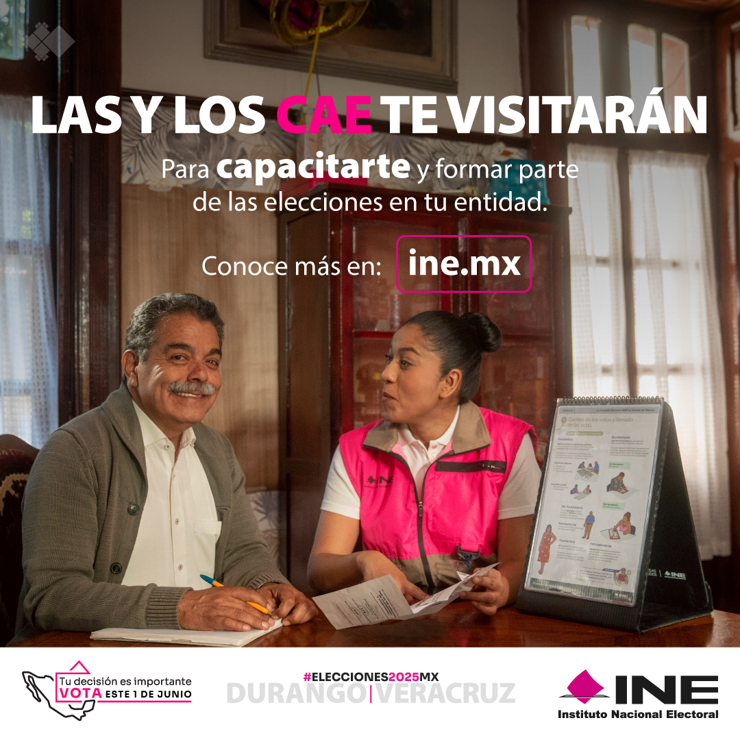 INEMexico's tweet photo. Si aceptaste ser Funcionaria o Funcionario de Casilla, ¡capacítate con la o el CAE! 🎒
Tú le darás #Validez✅ a estas #Elecciones2025MX, en los estados de #Veracruz y #Durango. 🗳️
Este 1 de junio tu decisión es importante.🗳️ https://t.co/lbdZu4zqhA