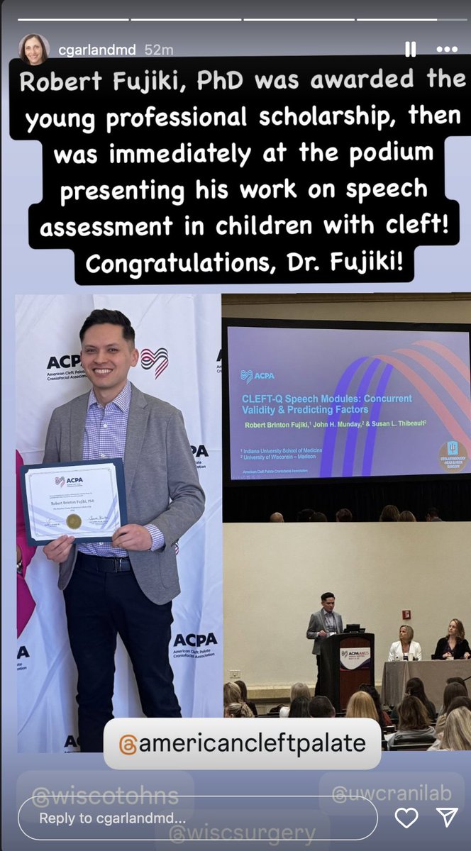 Thibeaultlab (@thibeaultlab) on Twitter photo Congrats to <a href="/FujikiRobert/">Robert Fujiki</a> for winning the young professional scholarship <a href="/ACPA/">ACPA</a> ! <a href="/WiscSurgery/">UW-Madison Department of Surgery</a> <a href="/WiscOtoHNS/">Wisconsin Otolaryngology-Head & Neck Surgery</a> ! His award was followed by yet another fantastic presentation on speech assessment in children with cleft! Congrats to <a href="/FujikiRobert/">Robert Fujiki</a> for winning the young professional scholarship <a href="/ACPA/">ACPA</a> ! <a href="/WiscSurgery/">UW-Madison Department of Surgery</a> <a href="/WiscOtoHNS/">Wisconsin Otolaryngology-Head & Neck Surgery</a> ! His award was followed by yet another fantastic presentation on speech assessment in children with cleft!