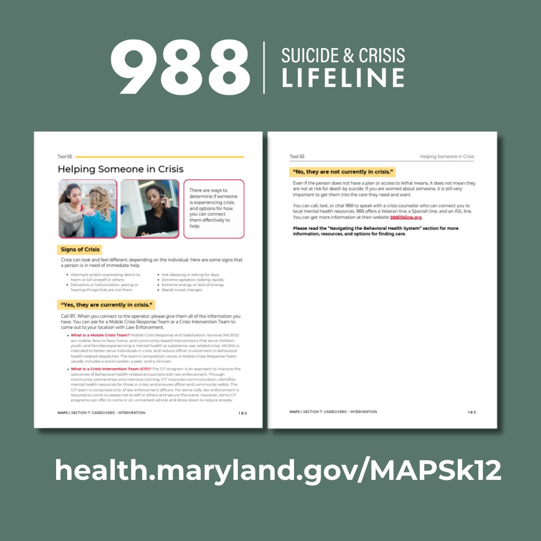 A mental health crisis can look different for everyone—but knowing the signs can help you save a life. Learn what to watch for and how to respond. Free resources available at: health.maryland.gov/MAPSk12