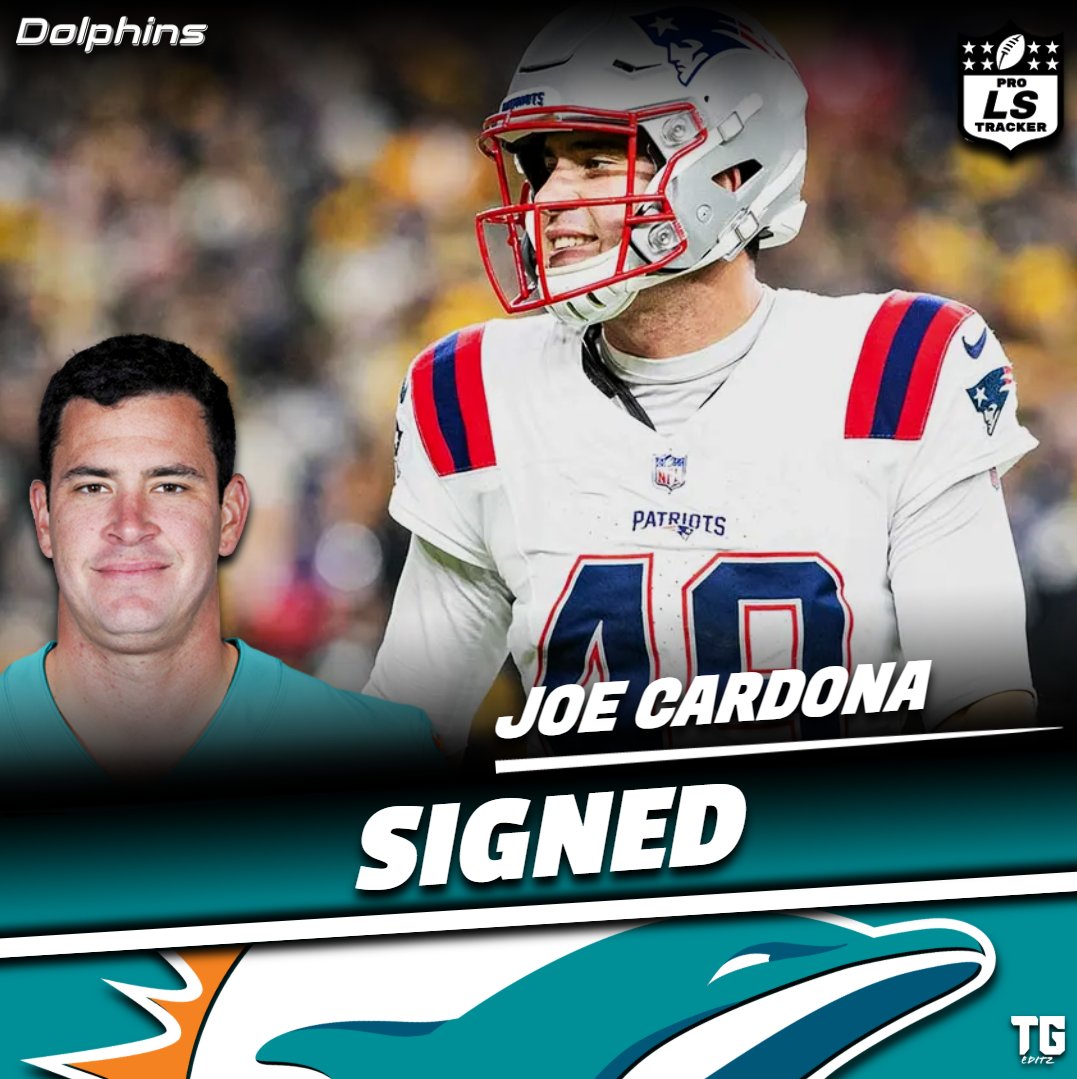 Pro Snapper Tracker (@prosnaptracker) on Twitter photo SIGNED:
The Dolphins have Signed Joe Cardona (<a href="/joecardona49/">Joe Cardona</a>). The former Super Bowl Champ and Salute to Service award winner will remain in the AFC East.
#Dolphins #Navy #Signed #LongSnap #LongSnapper #LongSnapping #Football #Pro #NFL #UFL #CFL #News SIGNED:
The Dolphins have Signed Joe Cardona (<a href="/joecardona49/">Joe Cardona</a>). The former Super Bowl Champ and Salute to Service award winner will remain in the AFC East.
#Dolphins #Navy #Signed #LongSnap #LongSnapper #LongSnapping #Football #Pro #NFL #UFL #CFL #News