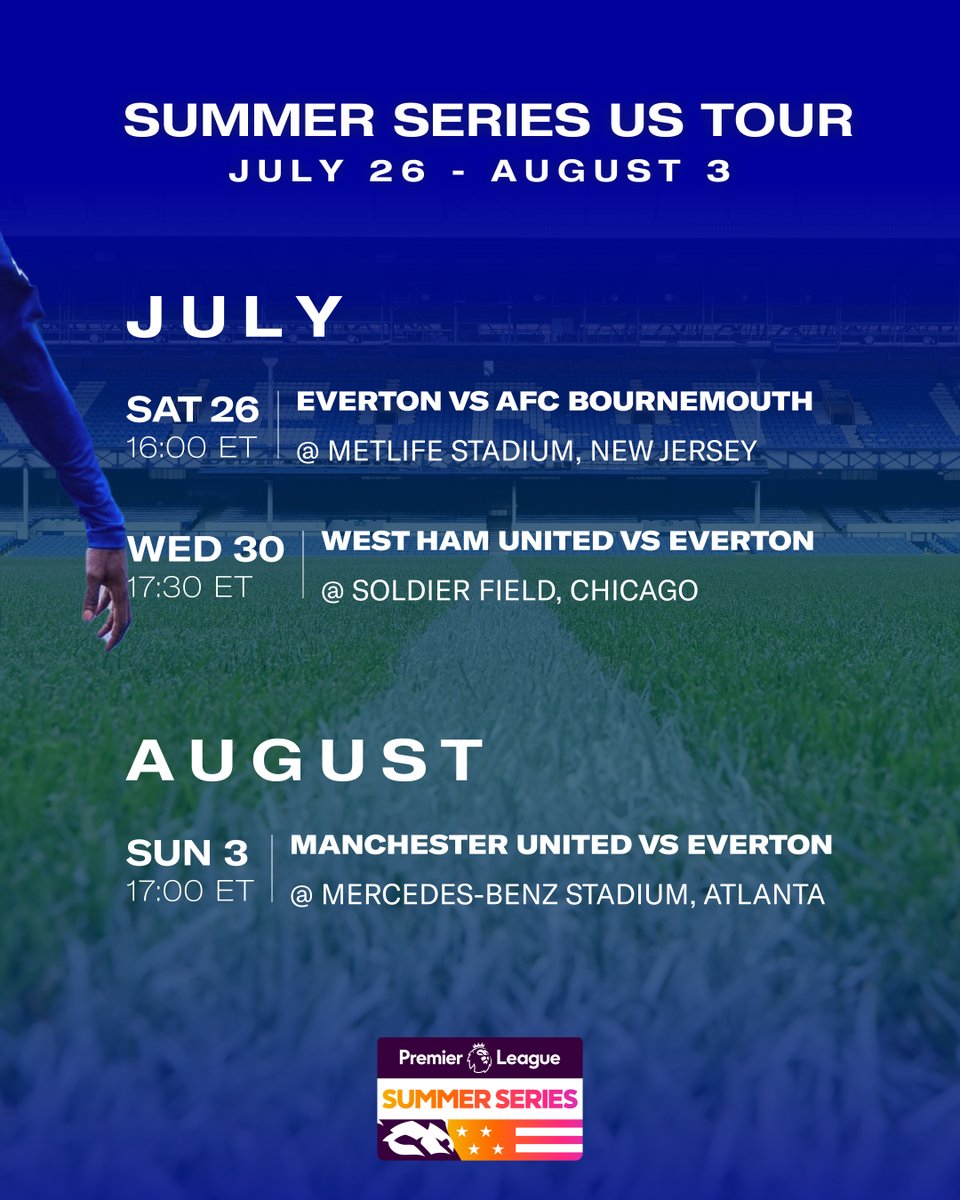 friedkingroup's tweet image. We're pleased to announce that @everton is heading to the U.S. this summer for the 2025 Premier League Summer Series! Catch the Toffees in action across three matches as they gear up for the 2025/26 season.