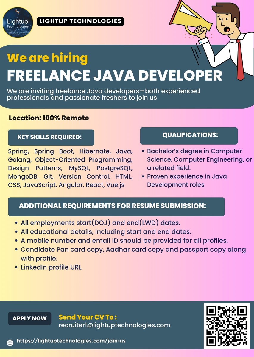 karishmacompu's tweet image. Hi,
We are hiring freelance Java developers with 6+ years of experience. This is a 100% work-from-home opportunity for your entire life. Please send your resume to recruiter1@lightuptechnologies.com #JavaForWeb #JavaDatabases #JavaIntegration #JavaOOP #JavaML