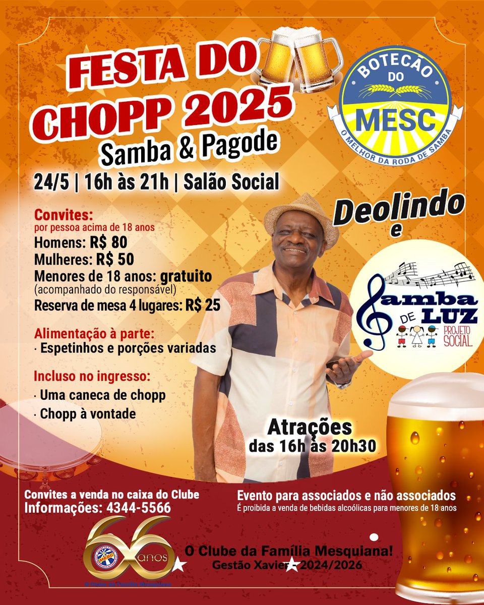 clube_mesc's tweet photo. 🍻 FESTA DO CHOPP 2025 NO MESC 🍻
Dia 24/5, às 16h, tem chope liberado, samba e pagode no Salão Social!
Qual a sua vibe? 👇
1️⃣ Chope gelado na caneca
2️⃣ Samba com Deolindo
3️⃣ Resenha com os amigos
Comenta e marca quem vai! 🥳
🎟️ Convites na Secretaria | 📞 (11) 4344-5566 https://t.co/a6rO3NjRE4