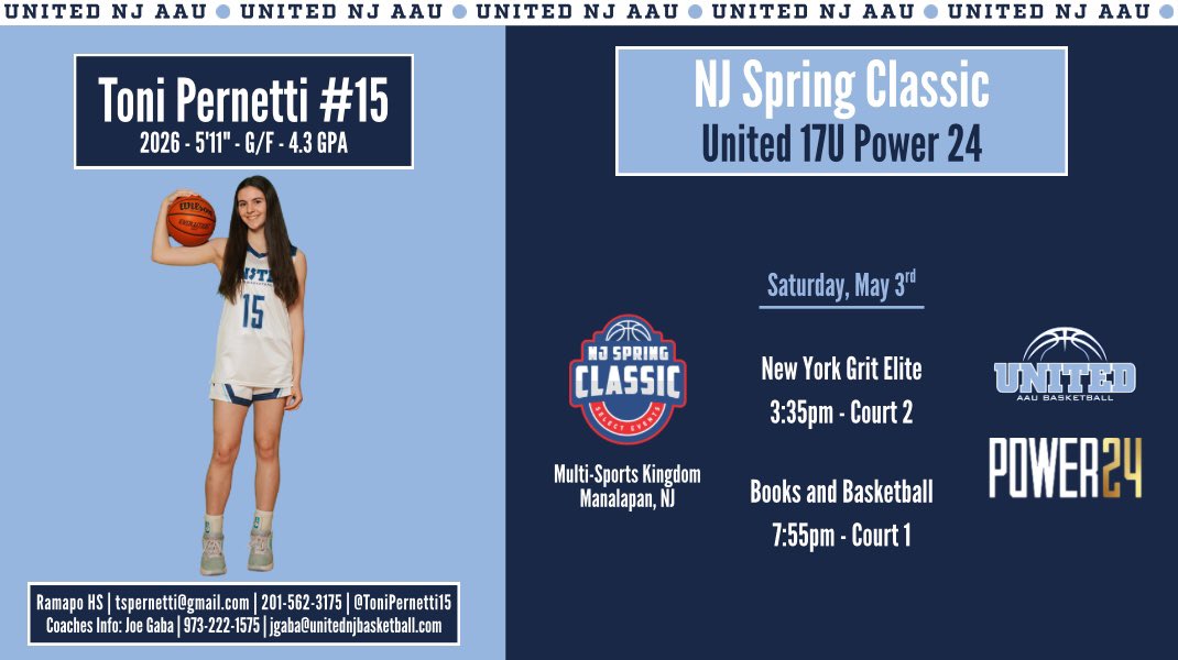 Toni Pernetti (@tonipernetti15) on Twitter photo So excited for the <a href="/SelectEventsBB/">Select Events Basketball</a> NJ Spring Classic this weekend!
<a href="/unitedNJaau/">United NJ AAU</a> <a href="/CoachGaba/">Coach Joe Gaba</a> <a href="/CoachJimmy_O/">Jimmy Ostaszewski</a> So excited for the <a href="/SelectEventsBB/">Select Events Basketball</a> NJ Spring Classic this weekend!
<a href="/unitedNJaau/">United NJ AAU</a> <a href="/CoachGaba/">Coach Joe Gaba</a> <a href="/CoachJimmy_O/">Jimmy Ostaszewski</a>