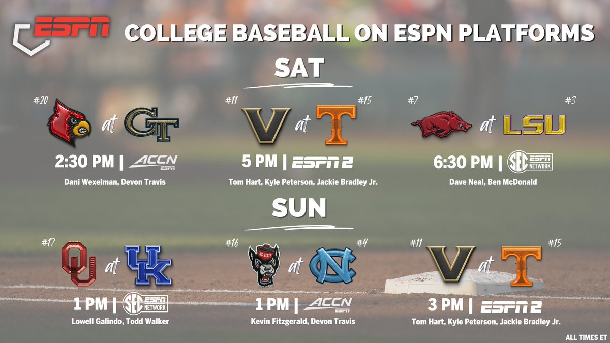 ESPN PR (@espnpr) on Twitter photo This weekend, ESPN platforms present marquee <a href="/SEC/">Southeastern Conference</a> & <a href="/ACCBaseball/">ACC Baseball</a> conference games âšľ
Full schedule & commentator teams: bit.ly/4i9kpOc This weekend, ESPN platforms present marquee <a href="/SEC/">Southeastern Conference</a> & <a href="/ACCBaseball/">ACC Baseball</a> conference games âšľ
Full schedule & commentator teams: bit.ly/4i9kpOc