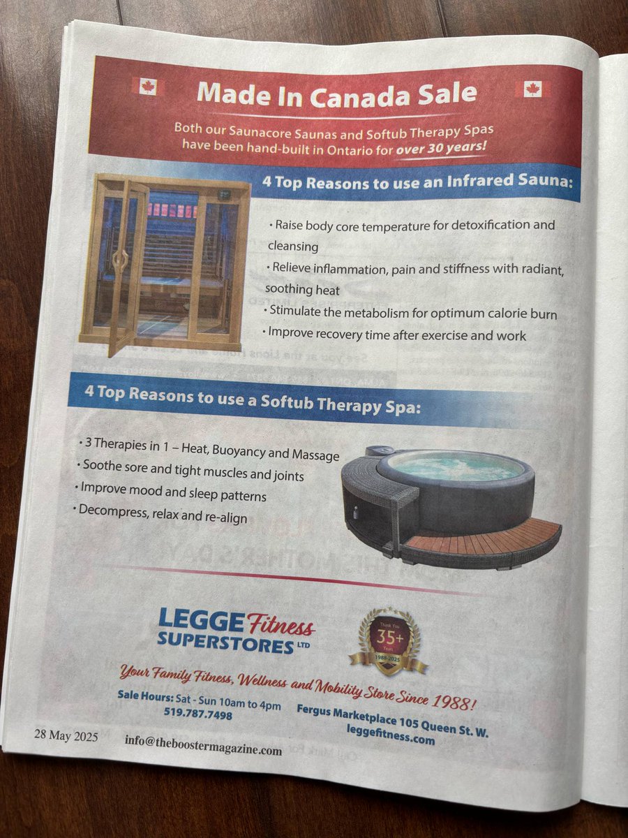 Check out our ad in the May issue of The Grand River Booster Magazine, where we give the top 4 reasons to use a Canadian-made Infrared Sauna, and the Softub Therapy Spa. Don’t miss our Made In Canada Sale!