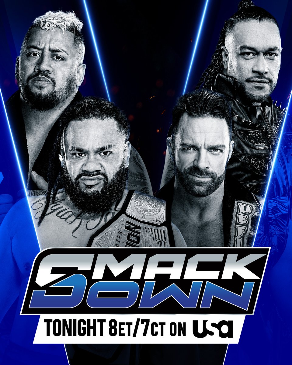 WWE (@wwe) on Twitter photo Solo Sikoa and United States Champion <a href="/jacobfatu_wwe/">Jacob Fatu</a> will take on the team of <a href="/RealLAKnight/">LA Knight</a> and <a href="/ArcherOfInfamy/">Damian Priest</a> TONIGHT on #SmackDown!
📺 8ET/7CT on <a href="/USANetwork/">USA Network</a> Solo Sikoa and United States Champion <a href="/jacobfatu_wwe/">Jacob Fatu</a> will take on the team of <a href="/RealLAKnight/">LA Knight</a> and <a href="/ArcherOfInfamy/">Damian Priest</a> TONIGHT on #SmackDown!
📺 8ET/7CT on <a href="/USANetwork/">USA Network</a>