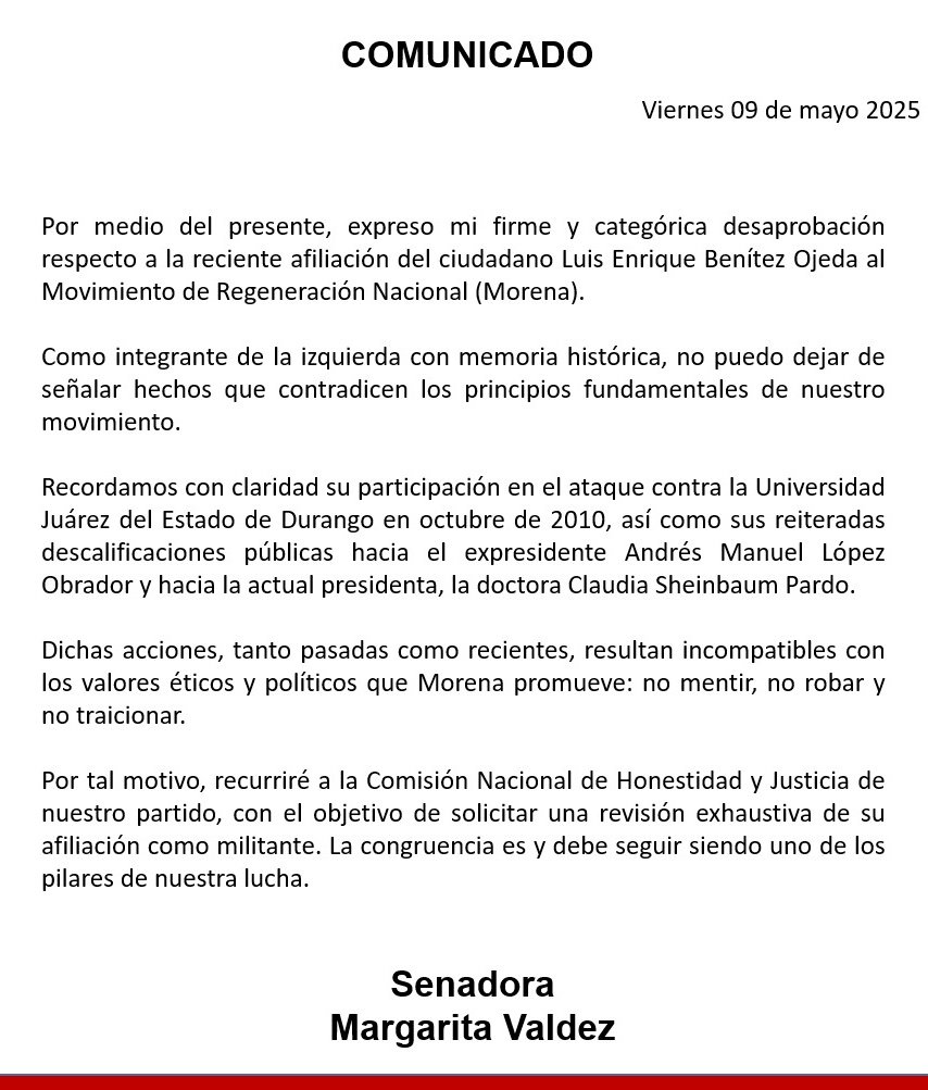 SenadoraV's tweet image. Manifiesto mi rotunda desaprobación ante la afiliación de Luis Enrique Benítez Ojeda al Movimiento de Regeneración Nacional.
#SenadoraMargaritaValdez