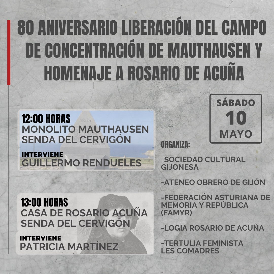 Mañana‼️
Actos de homenaje en recuerdo a las víctimas asturianas de la Deportación y a Rosario Acuña. 
A partir de las 12 en la Senda del Cervigón👇🏽
