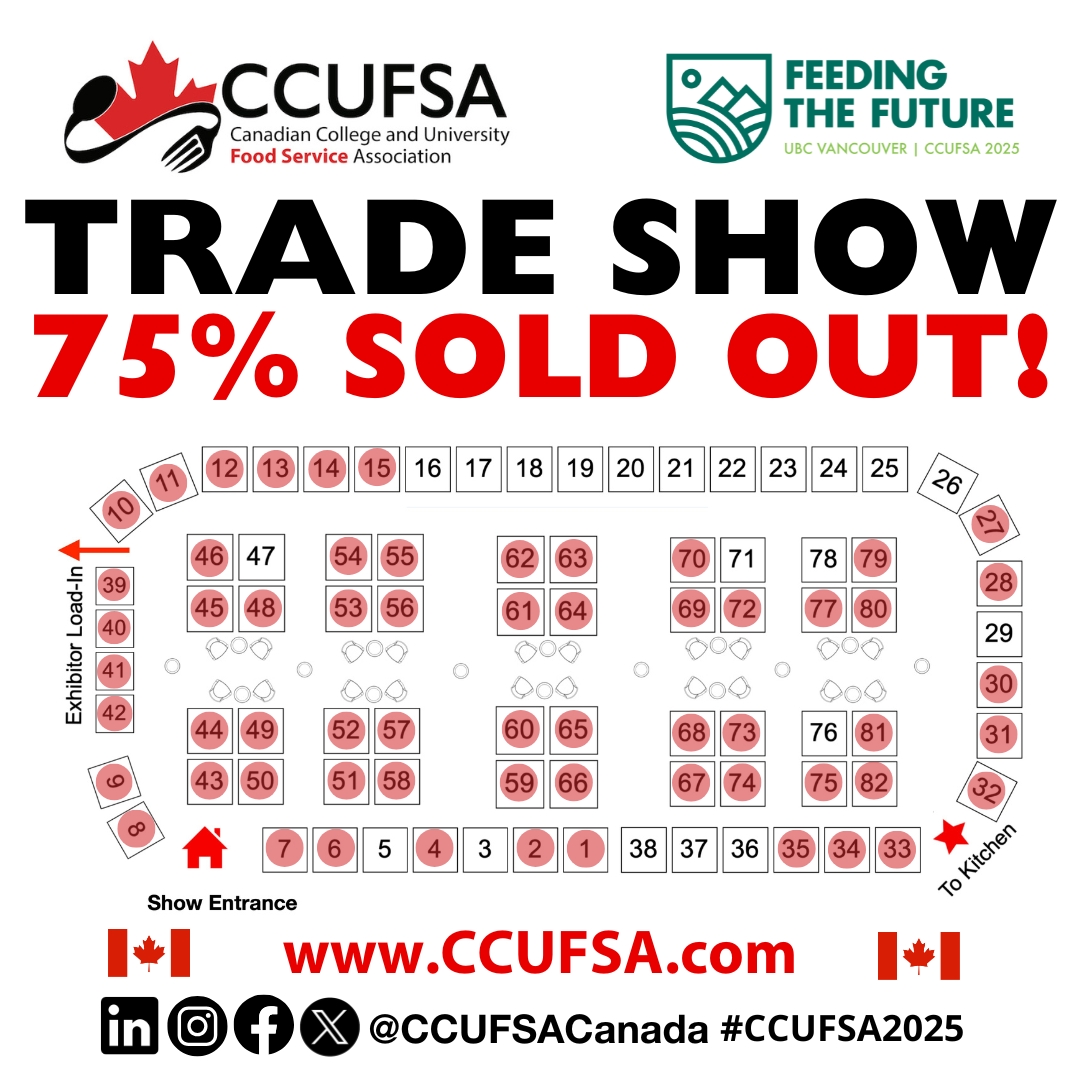 The 2025 <a href="/CCUFSACanada/">Canadian College & University Food Service Assoc.</a> Trade Show is 75% SOLD OUT! 

BOOK YOUR BOOTH NOW: site.pheedloop.com/event/CCUFSA20…

See you in Vancouver! ccufsa.com

#CCUFSA  #CCUFSACanada  #CCUFSA2025  #TradeShow #Networking #Sales #Foodservice