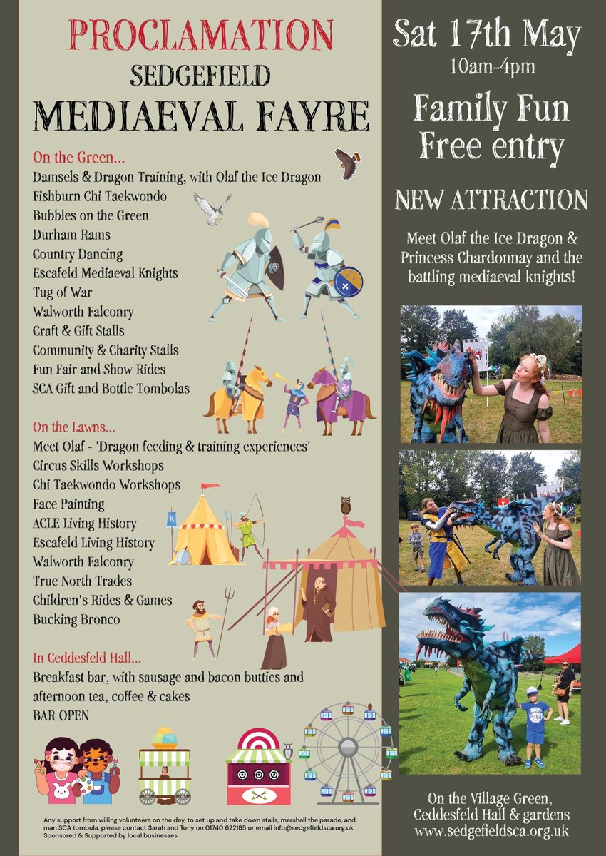 One of the biggest events of the year in Sedgefield is on the near horizon - the Mediaeval Fayre!

Why not conclude a great day out by meeting up to help the brilliant Sedgefield Community Association volunteers to tidy up after the end of the fayre?

Everyone will be welcome!